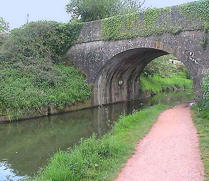 Bridge over the waterway with towpath and canalside vegetation.