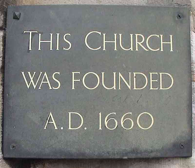 Stone sign: THIS CHURCH WAS FOUNDED A.D. 1660